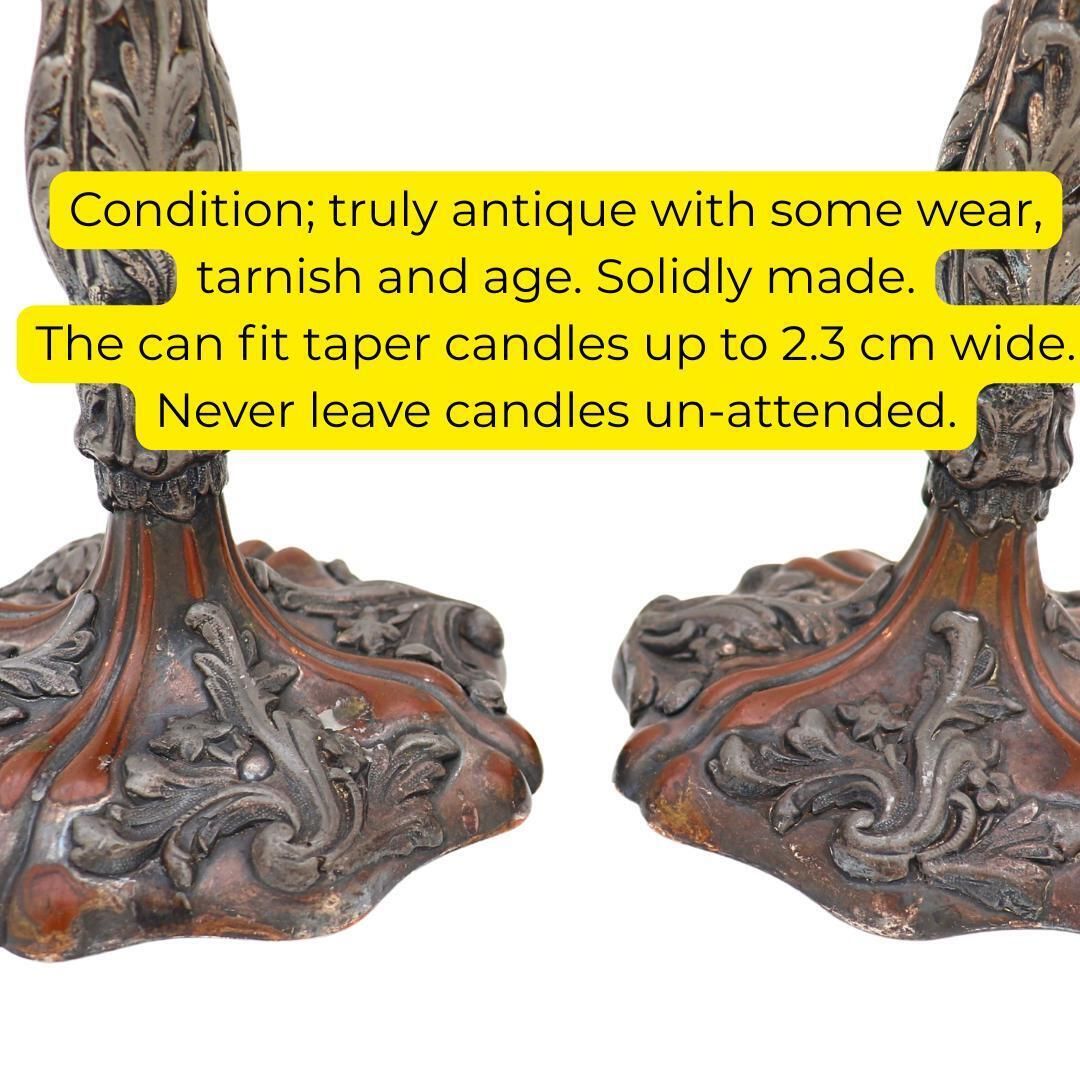 Antique Georgian Period Rococo Revival Copper And Silver Plated Candlesticks Holders Pair 8.2'' Tall photo Home Decor