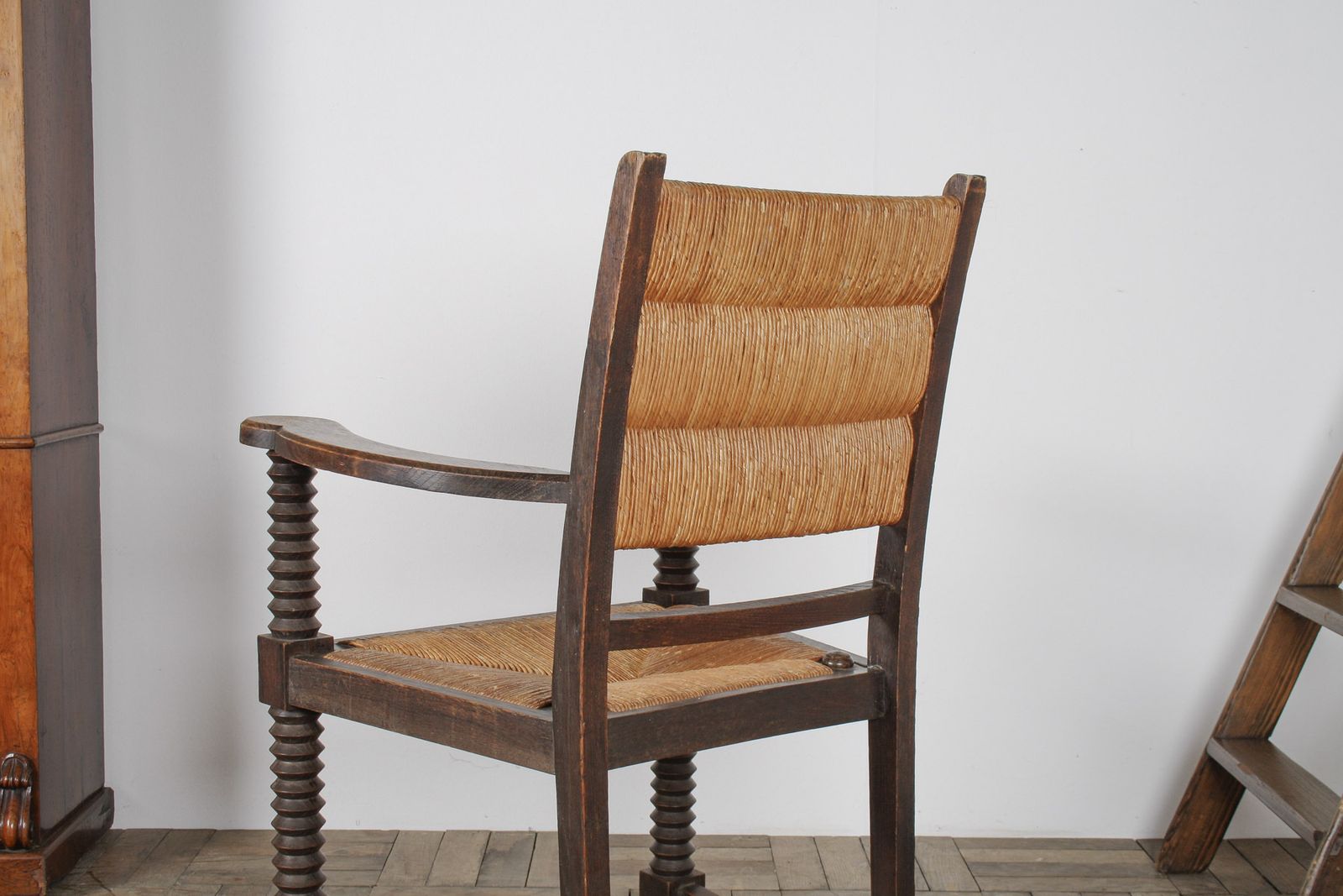 Oak Corkscrew 1950s Armchair With Straw Seat Attributed To Charles Dudouyt photo Furniture