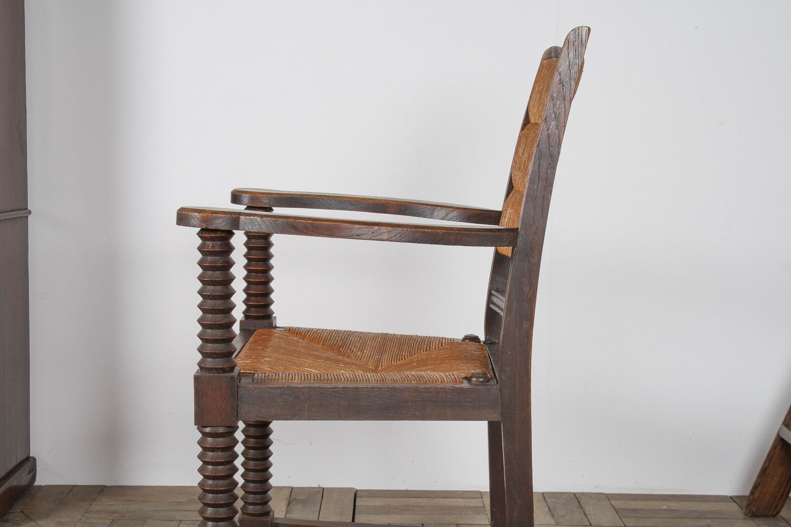 Oak Corkscrew 1950s Armchair With Straw Seat Attributed To Charles Dudouyt photo 1685.0