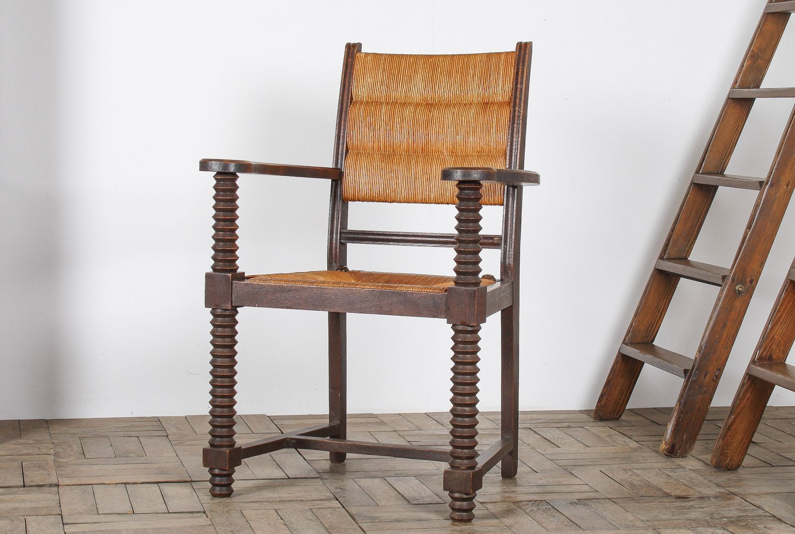 photo furniture Oak Corkscrew 1950s Armchair With Straw Seat Attributed To Charles Dudouyt
