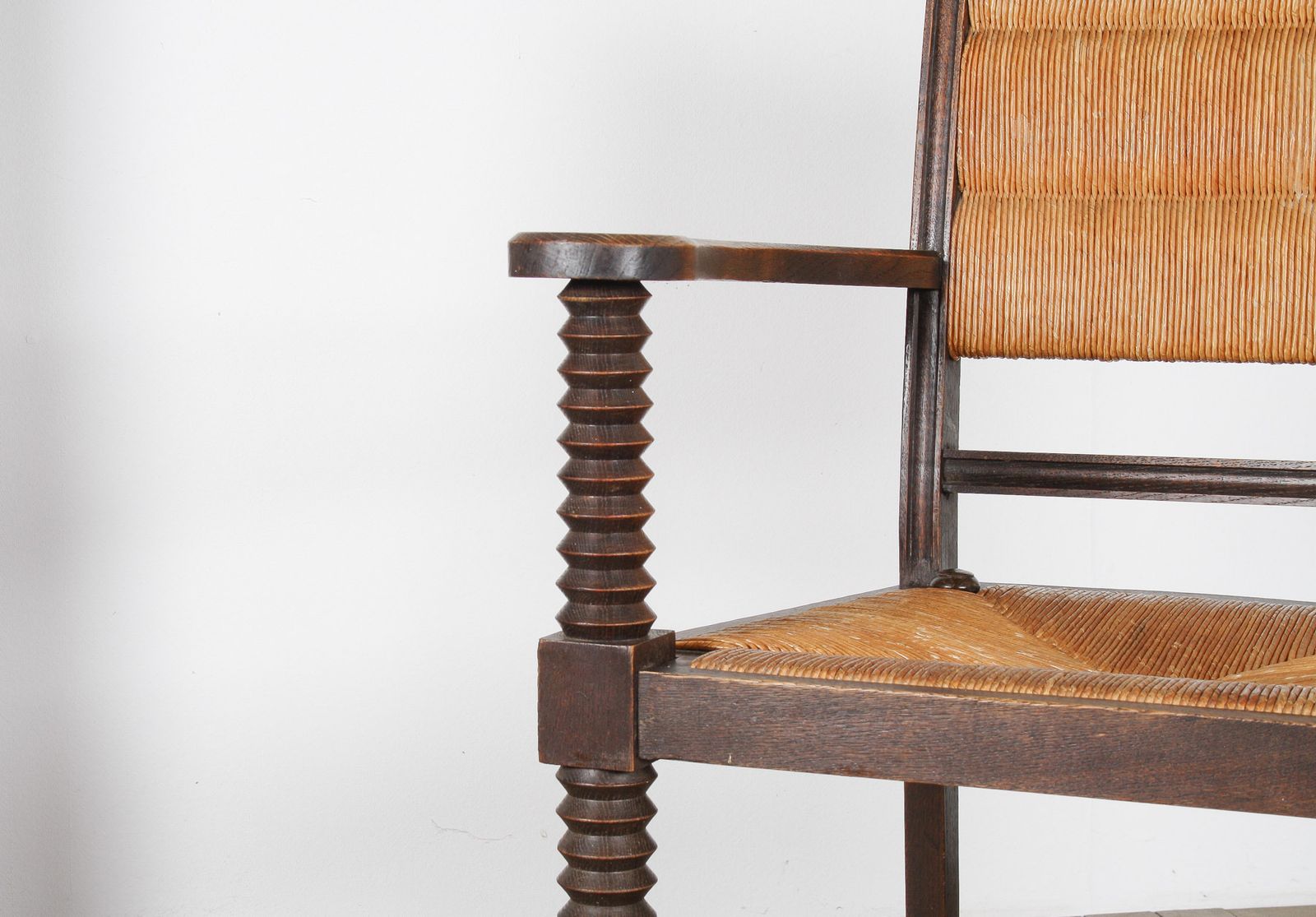 Furniture Oak Corkscrew 1950s Armchair With Straw Seat Attributed To Charles Dudouyt photo