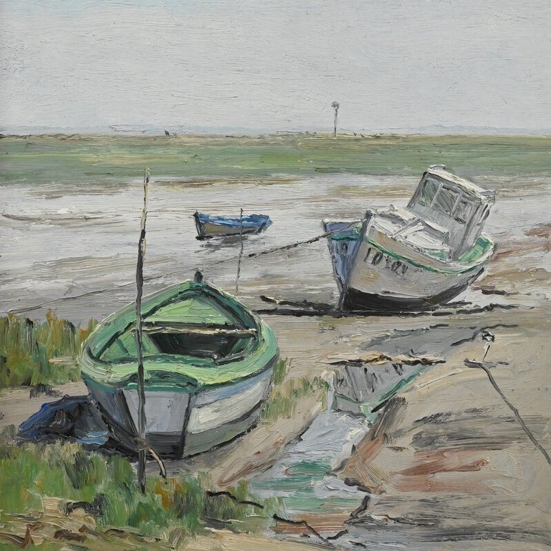 Painting “Boats At Low Tide” By Jp Guinegault – Part 2 Of The 20th Century photo furniture