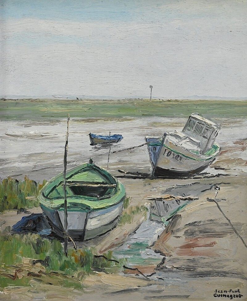 Painting “Boats At Low Tide” By Jp Guinegault – Part 2 Of The 20th Century photo 1050.0