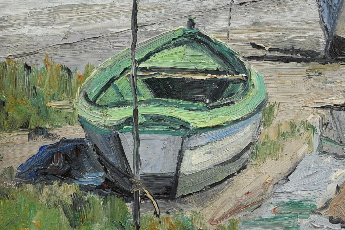 Painting “Boats At Low Tide” By Jp Guinegault – Part 2 Of The 20th Century photo vintage
