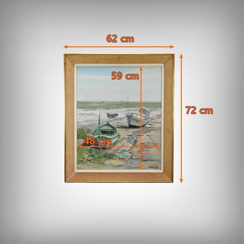 photo vintage Painting “Boats At Low Tide” By Jp Guinegault – Part 2 Of The 20th Century