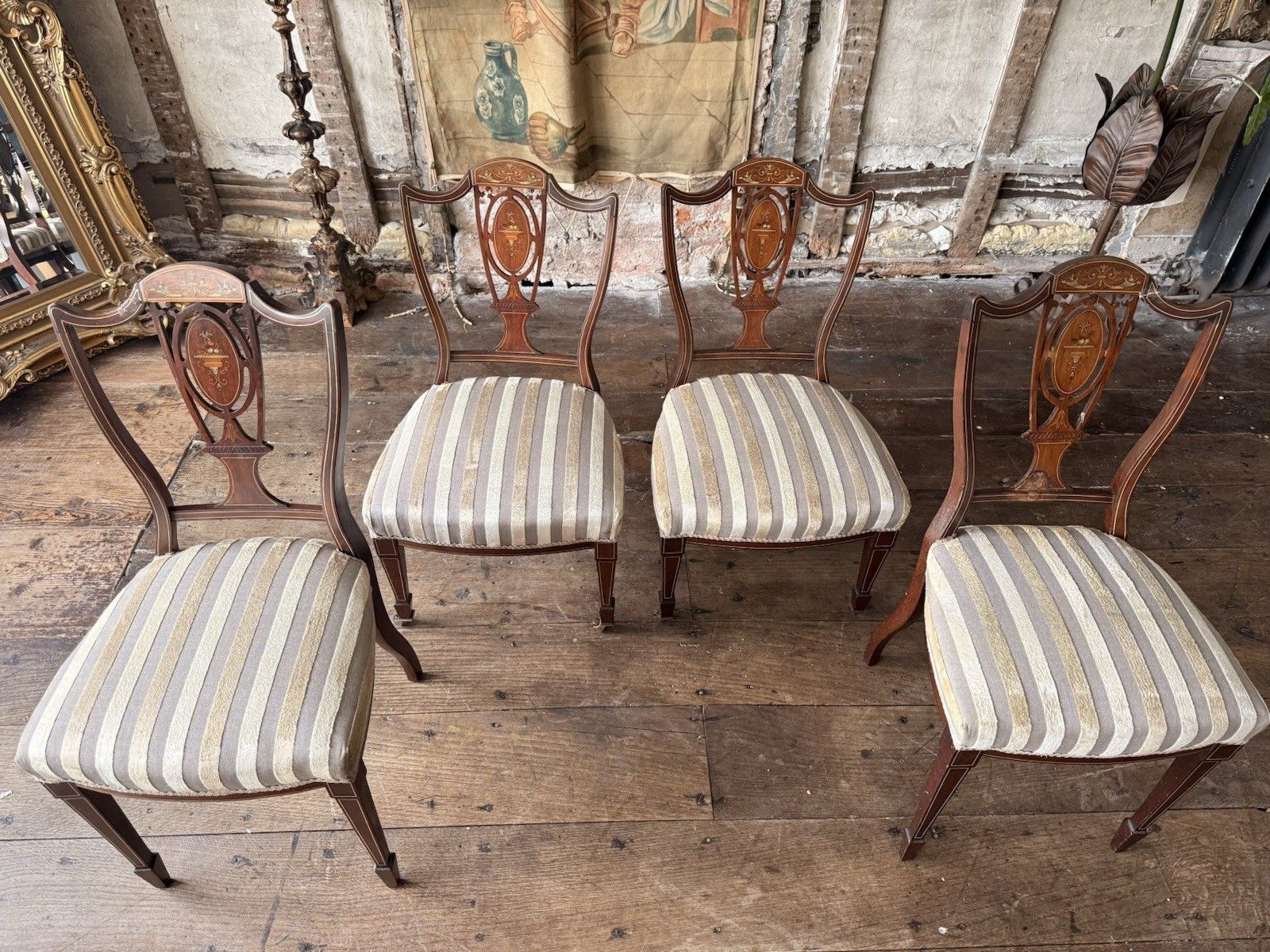 Set Of 4 Antique Edwardian Rosewood Mahogany Sand Velvet Inlaid Marquetry Chairs photo furniture