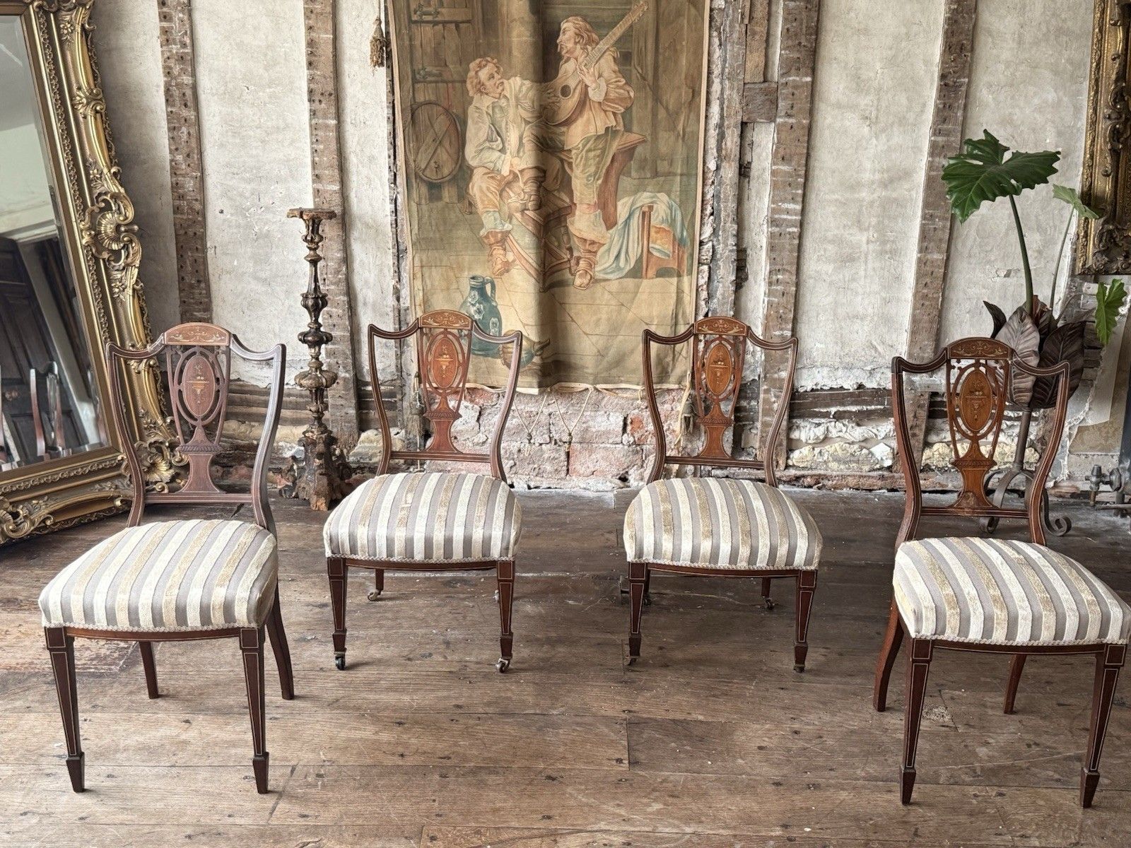 Set Of 4 Antique Edwardian Rosewood Mahogany Sand Velvet Inlaid Marquetry Chairs photo Furniture