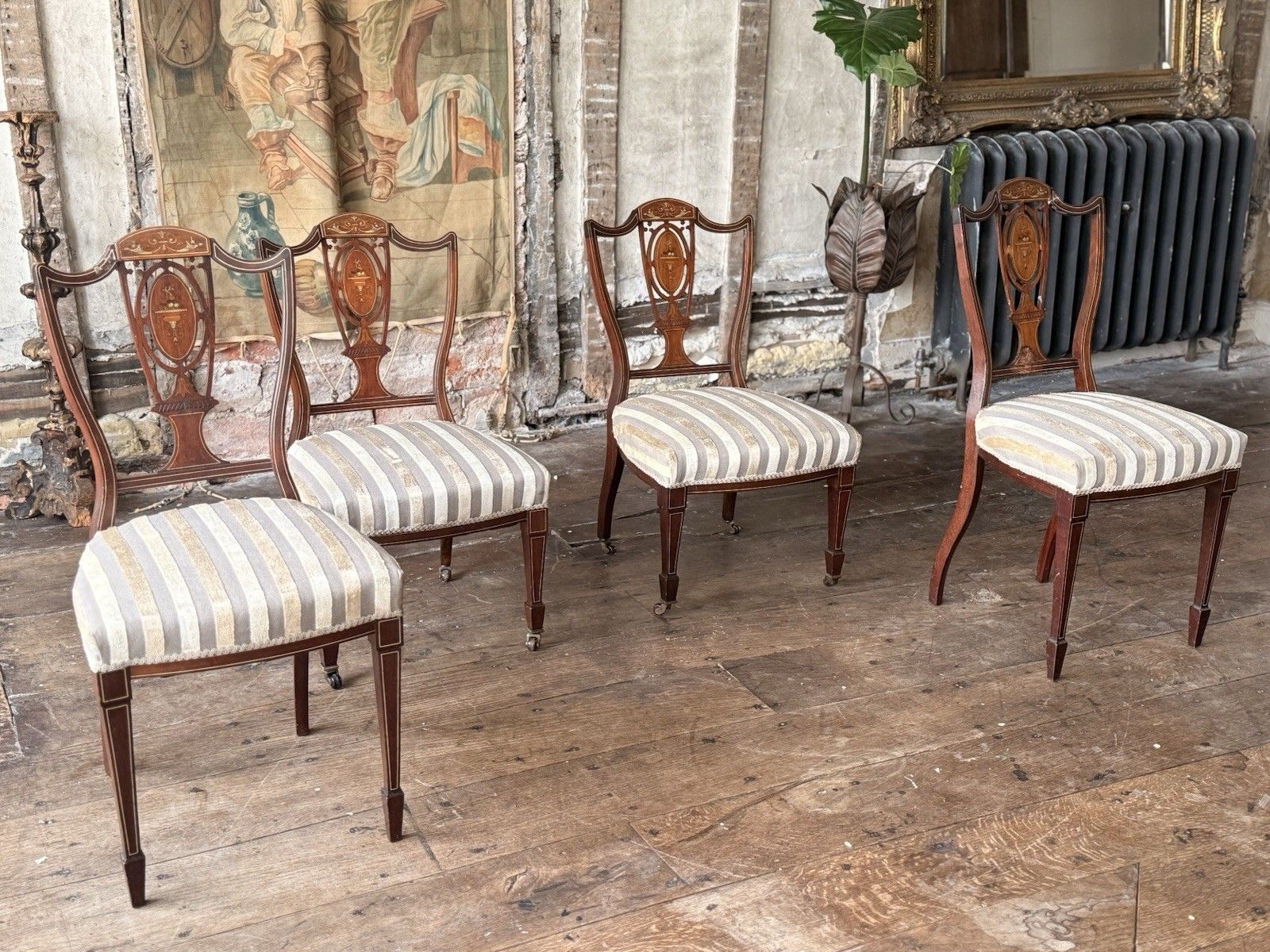 Set Of 4 Antique Edwardian Rosewood Mahogany Sand Velvet Inlaid Marquetry Chairs photo vinterior