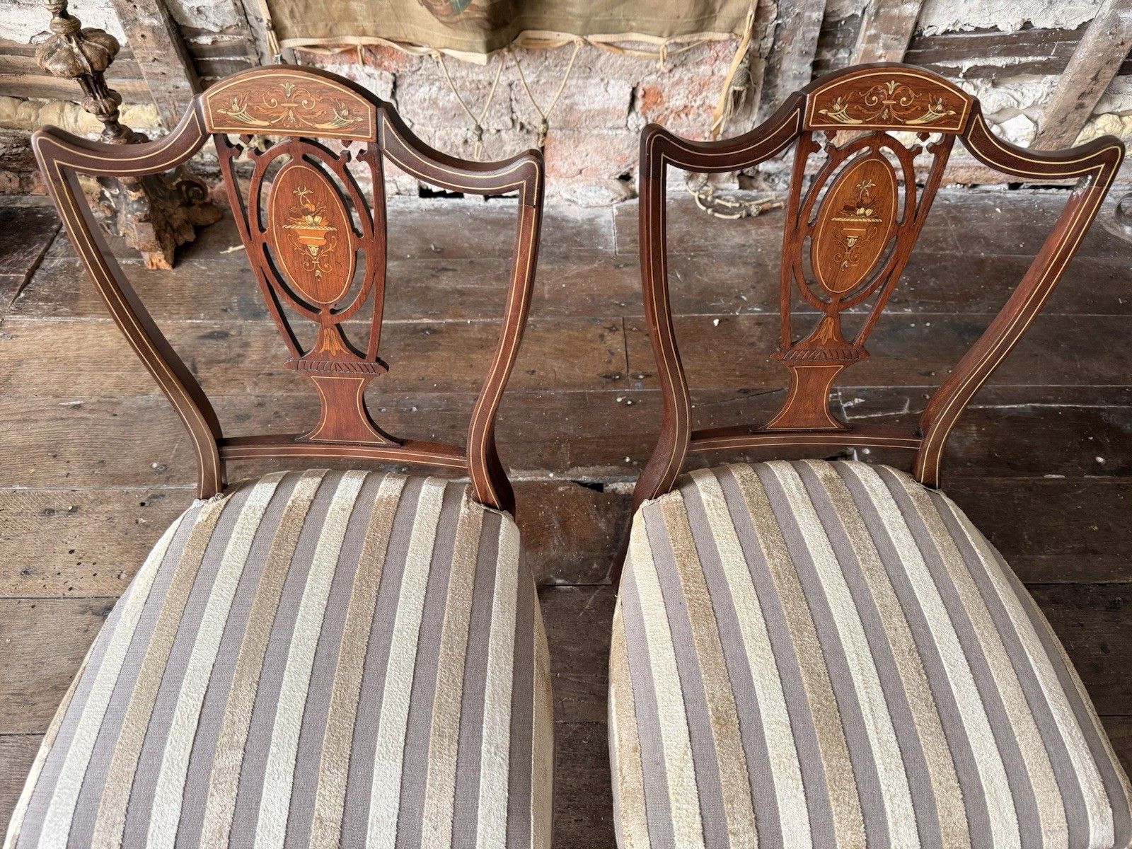 photo for sale Set Of 4 Antique Edwardian Rosewood Mahogany Sand Velvet Inlaid Marquetry Chairs