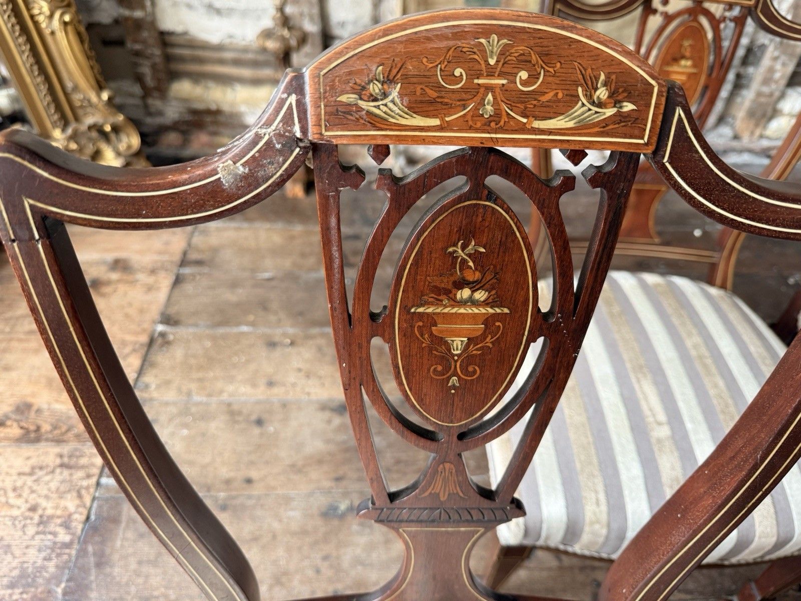 349.0 Set Of 4 Antique Edwardian Rosewood Mahogany Sand Velvet Inlaid Marquetry Chairs photo