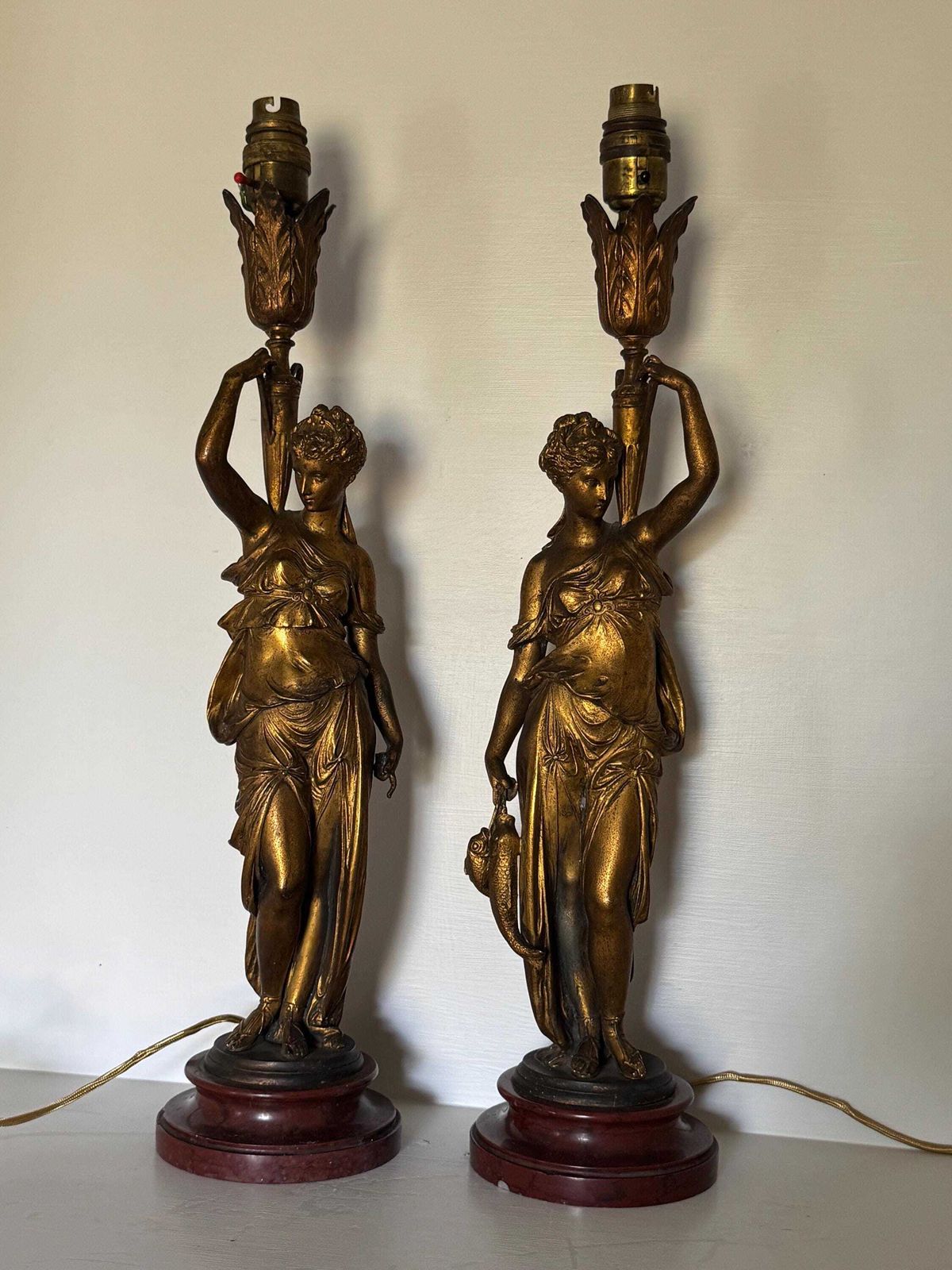 An Antique Pair Of French Glit Metal Table Lamps Depicting Classical Maidens On Antico Rosso Plinth Bases:French Design 1890s.