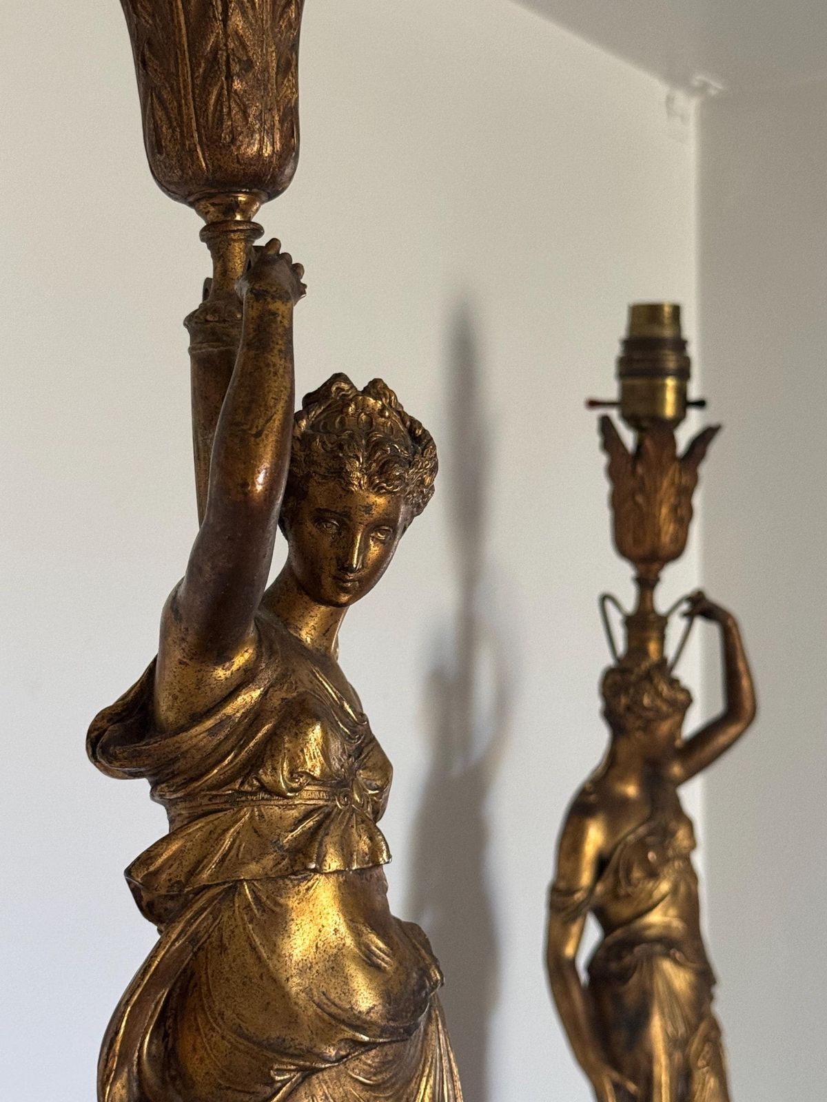 An Antique Pair Of French Glit Metal Table Lamps Depicting Classical Maidens On Antico Rosso Plinth Bases:French Design 1890s. photo furniture
