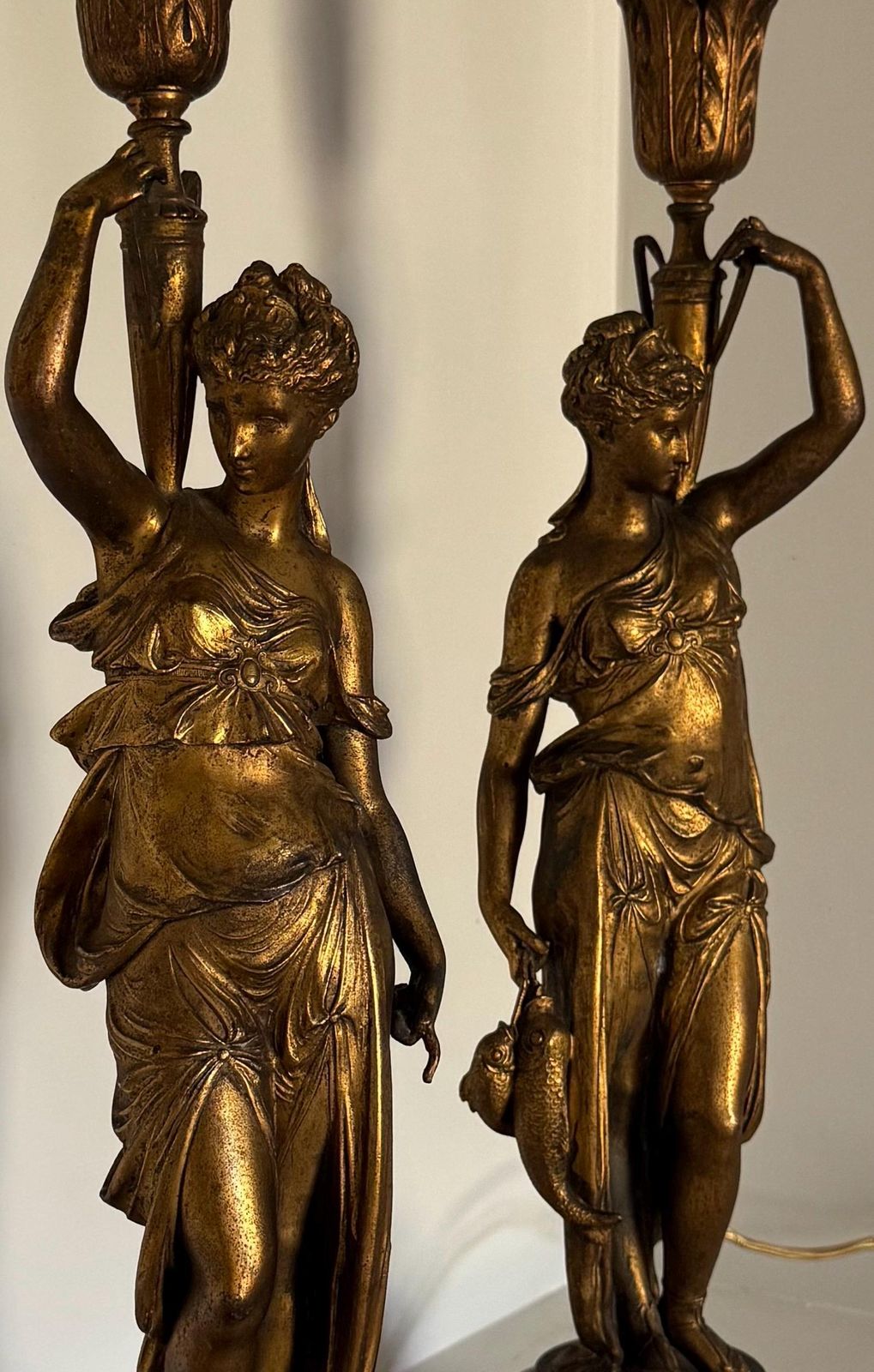 An Antique Pair Of French Glit Metal Table Lamps Depicting Classical Maidens On Antico Rosso Plinth Bases:French Design 1890s. photo 1250.0