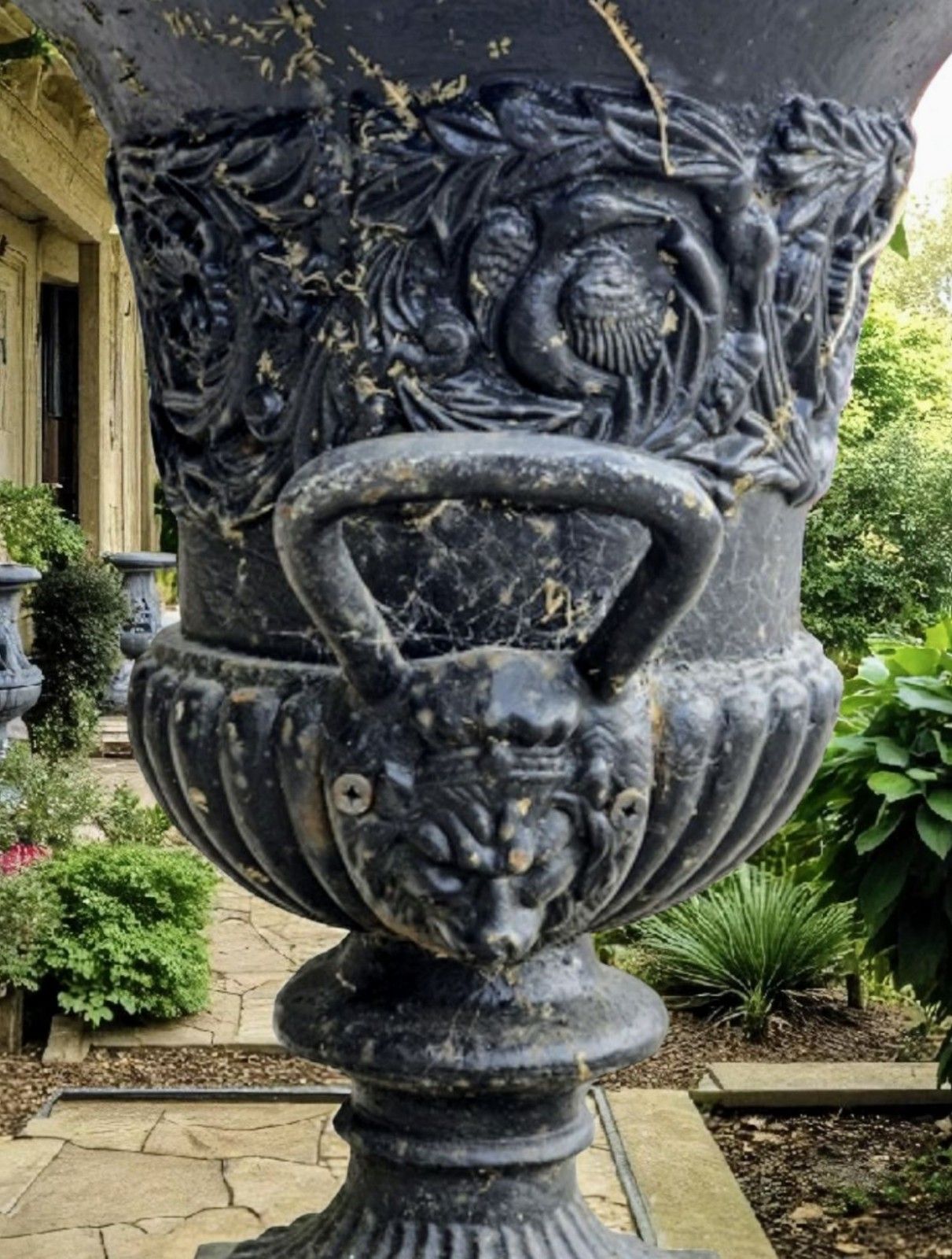 Pair Antique 19th Century Cast Iron Urns Lion Mask Handles  Delivery  Available 0086. photo Garden Decor