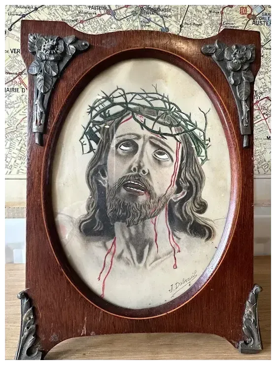 Antique French Watercolour Jesus On The Cross photo Art