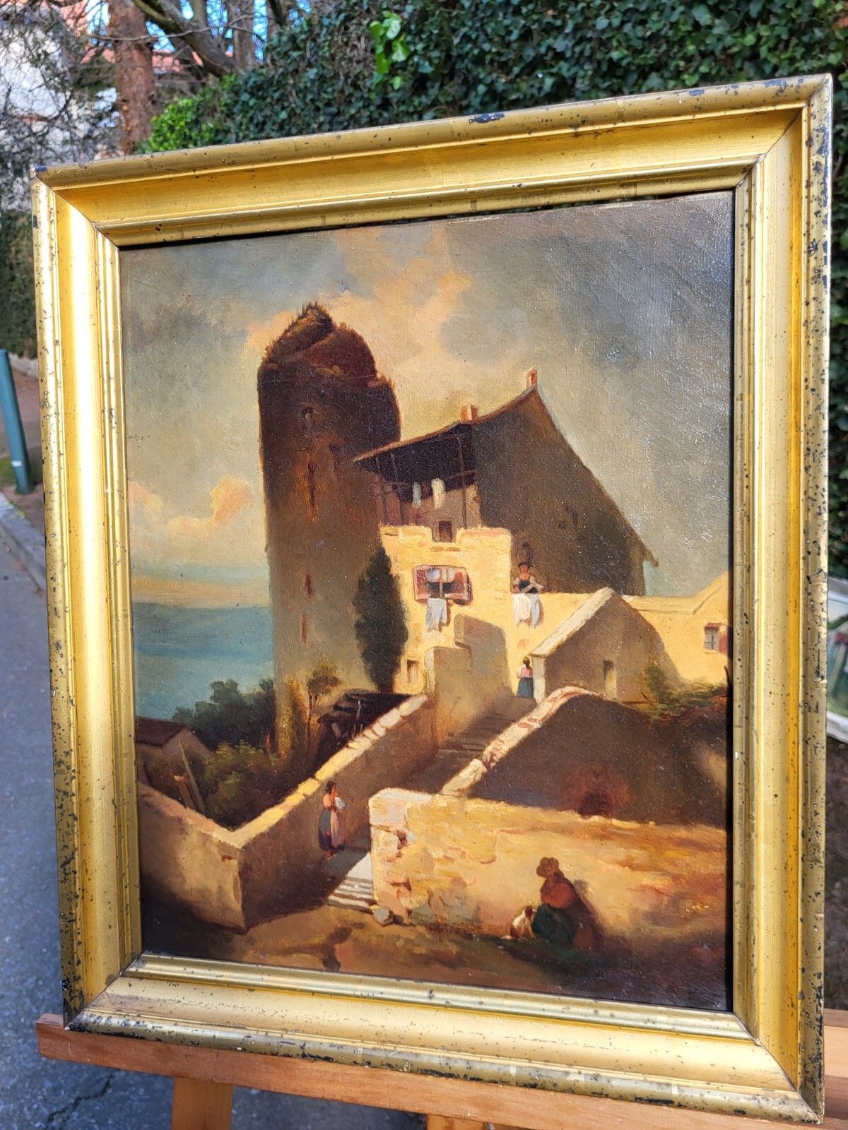 photo vinterior Signed Antique Painting.  Animated Sea Landscape. Oil Painting On Canvas.