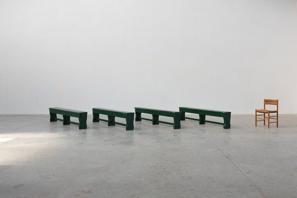 photo vintage Rustic Primitive Green Farmhouse Bench In Oak, France, 1900s