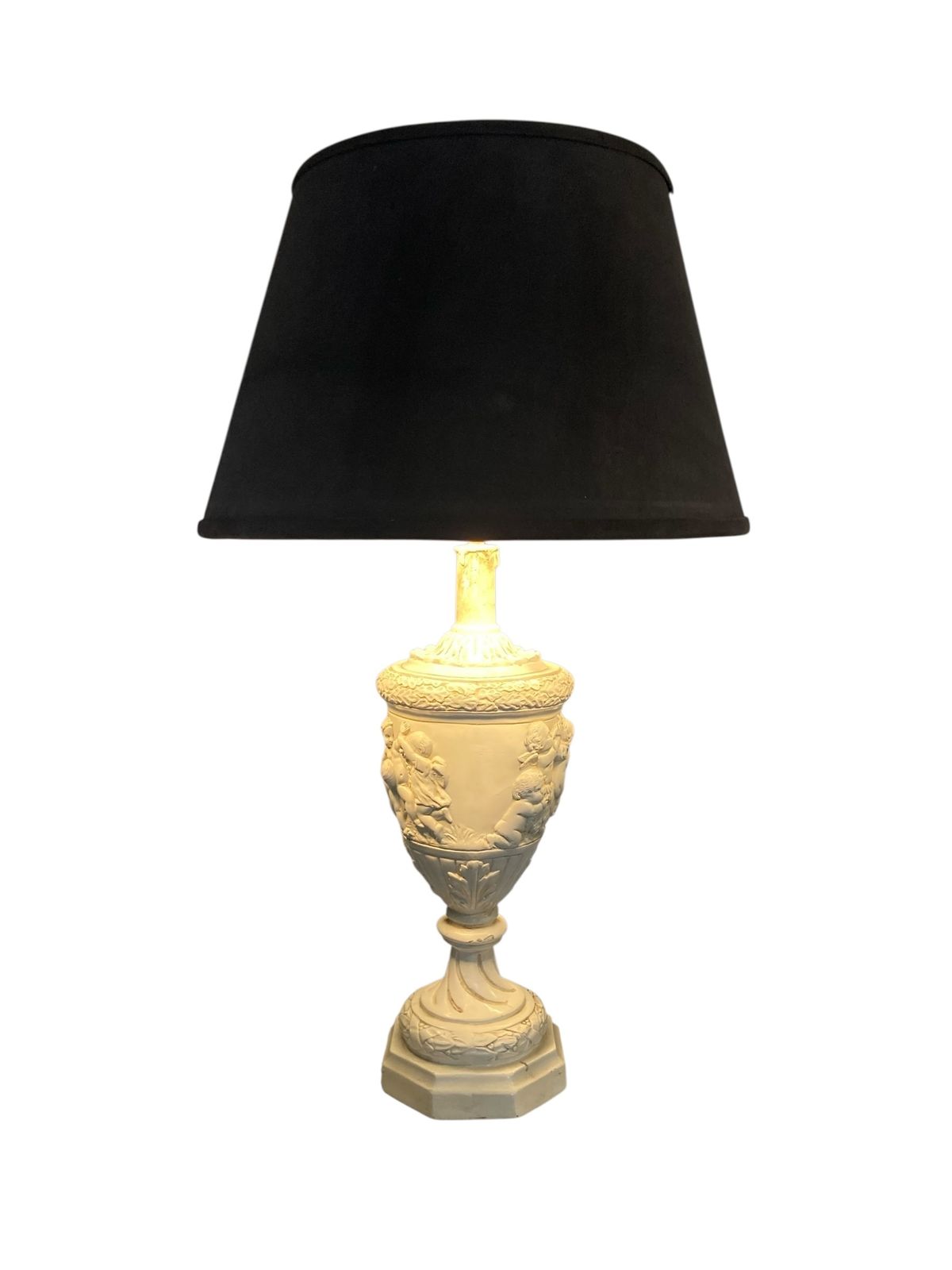 Plaster Moulded And Decorated Cherub Lamp Circa 1930's Grey Velvet Shade