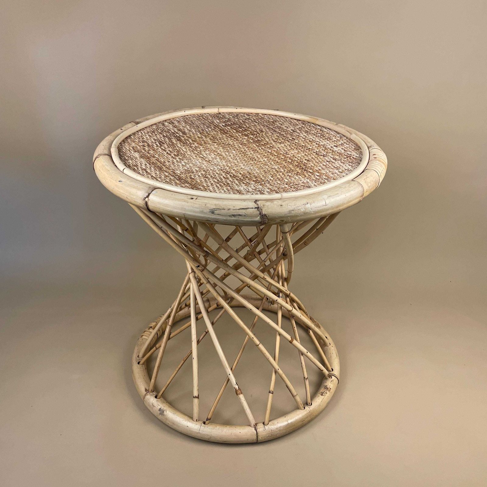 Vintage Bamboo Coffee Table Round Twisted Base Circle Woven Rattan Top Retro Rustic Living Room Lounge 20th Century Decorative Bohemian photo for sale