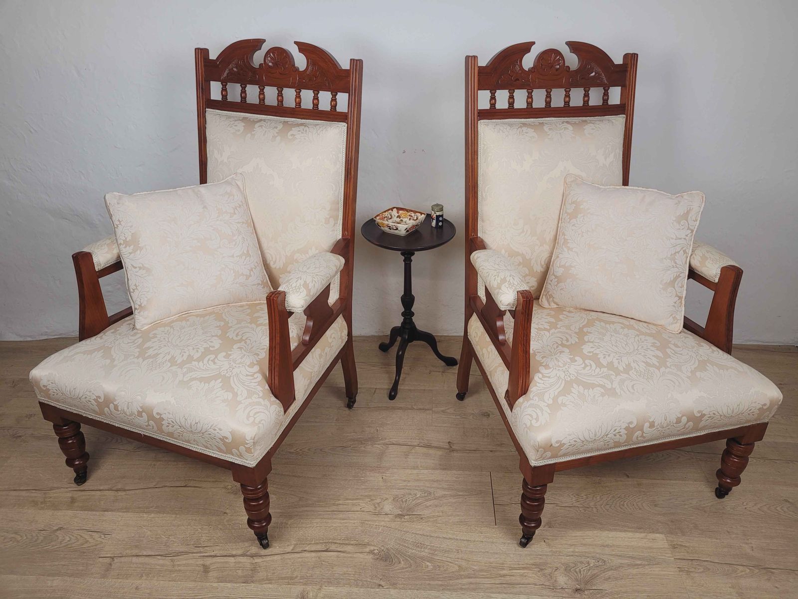 Pair Of Vintage Armchairs Castors Floral Upholstery Reprod