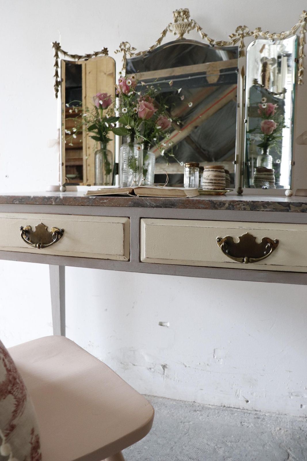 Elegant Painted Vintage Washstand Or Dressing Table On Castors With Pink And Grey Marble Top photo 695.0