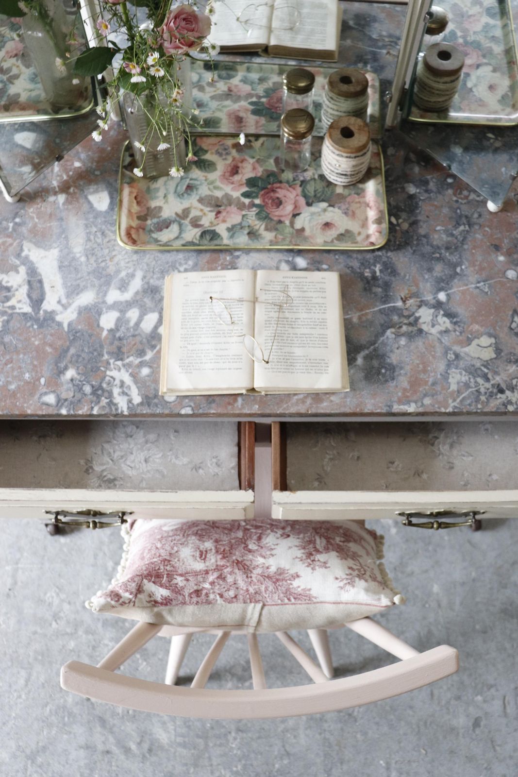 Elegant Painted Vintage Washstand Or Dressing Table On Castors With Pink And Grey Marble Top photo buy