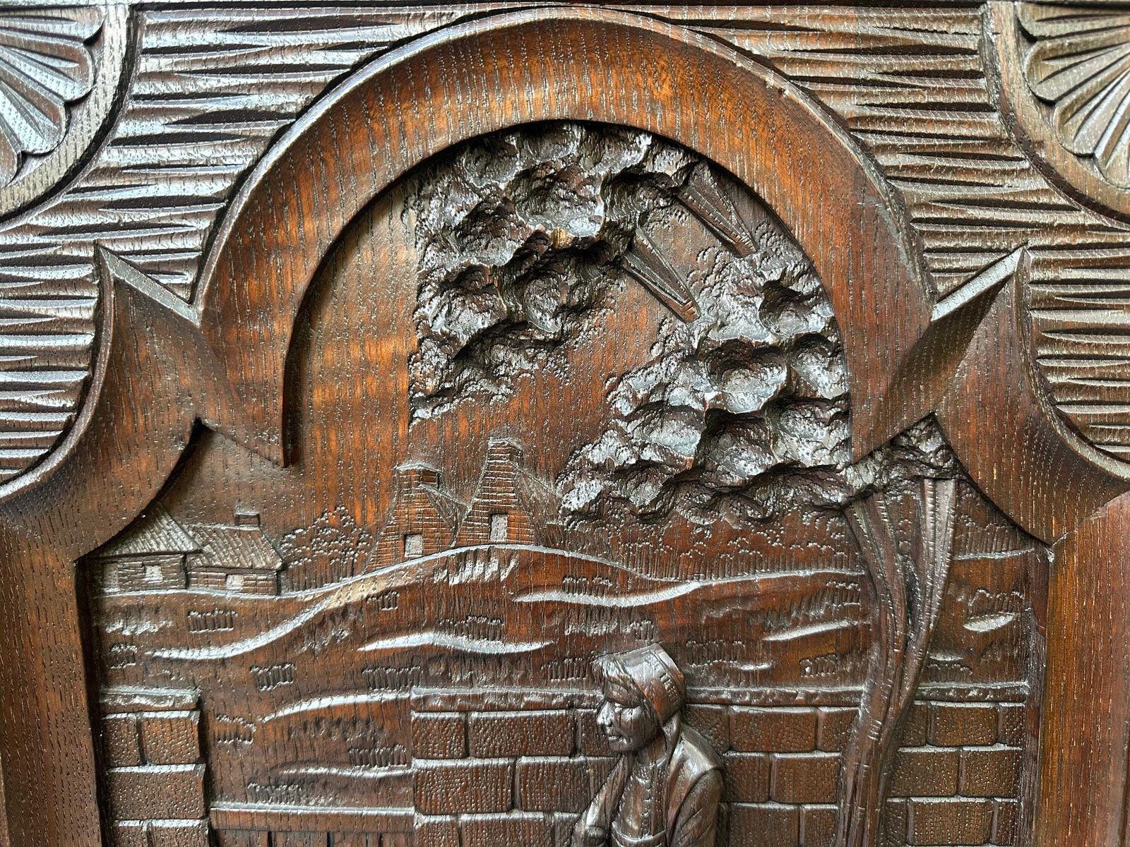 French Large Breton Carved Oak Door, Seated Woman Scene, Late 19thc / Early 20thc, Lower Cabinet Antique Panel photo for sale