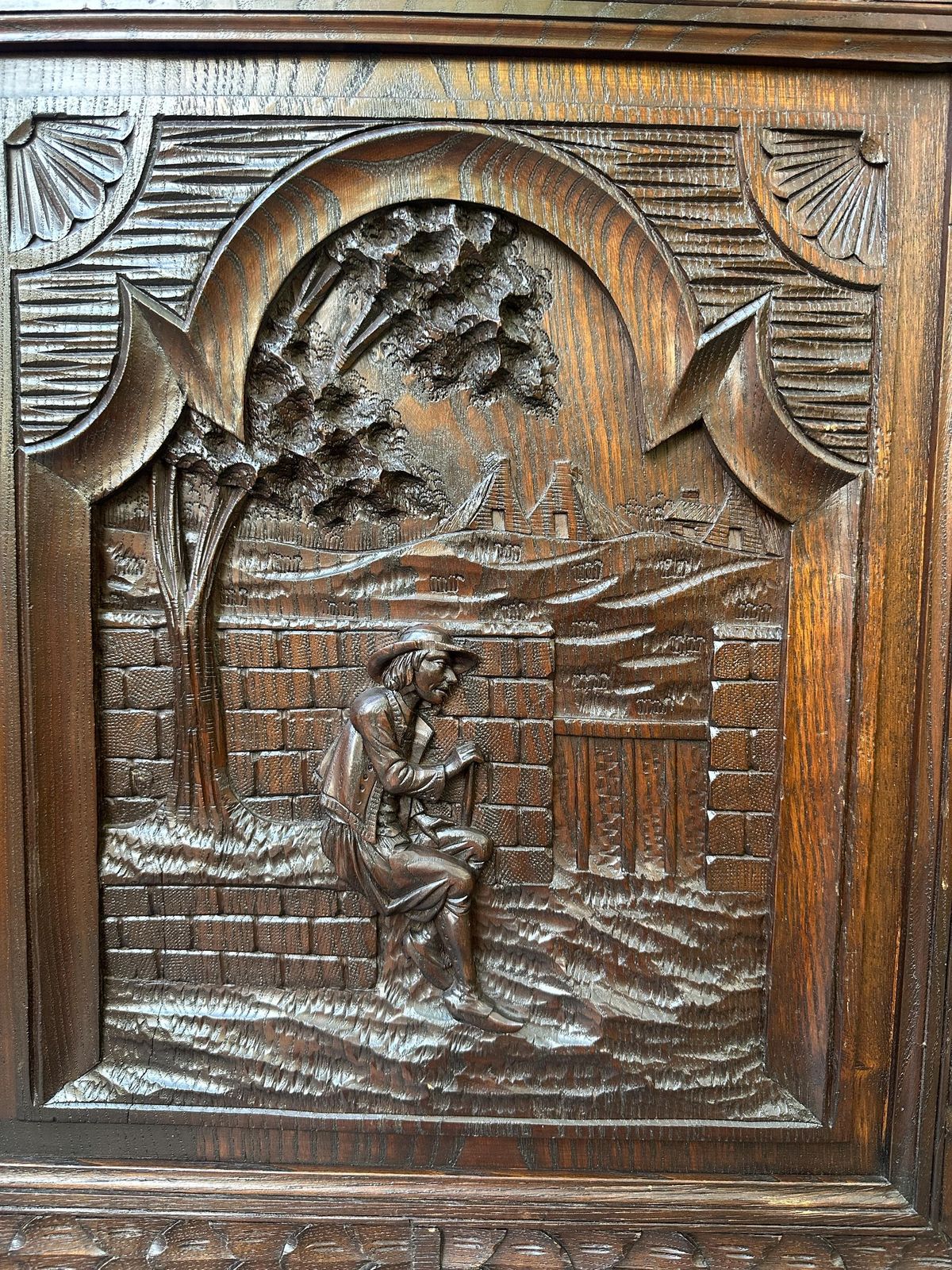 French Large Breton Carved Oak Door, Man With Cane, Late 19thc / Early 20thc, Lower Cabinet Antique Panel photo for sale