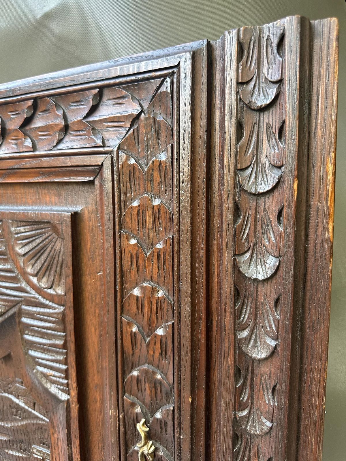 French Large Breton Carved Oak Door, Man With Cane, Late 19thc / Early 20thc, Lower Cabinet Antique Panel photo Art