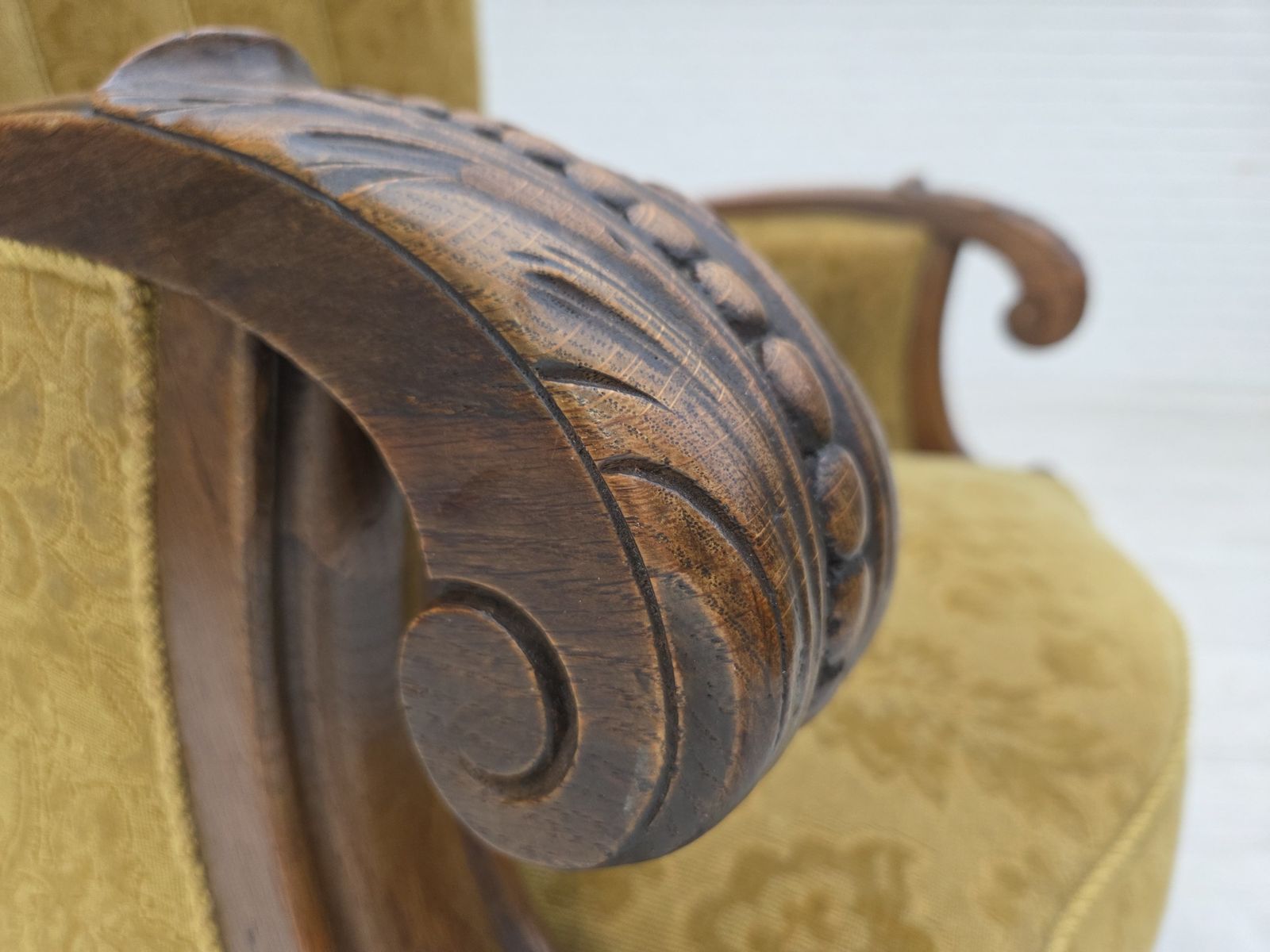 1960s, Danish Highback Armchair, Furniture Wool, Solid Oak Wood. photo furniture