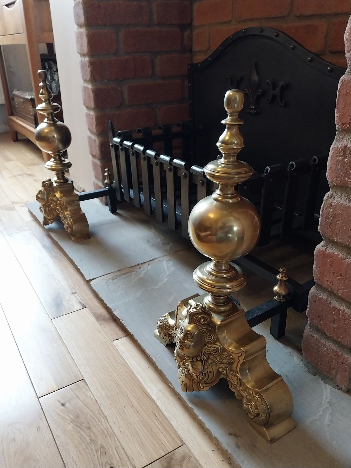 Victorian French Cast And Wrought Iron Fire Basket With Marmoset Baroque Fire Dogs. photo 900.0