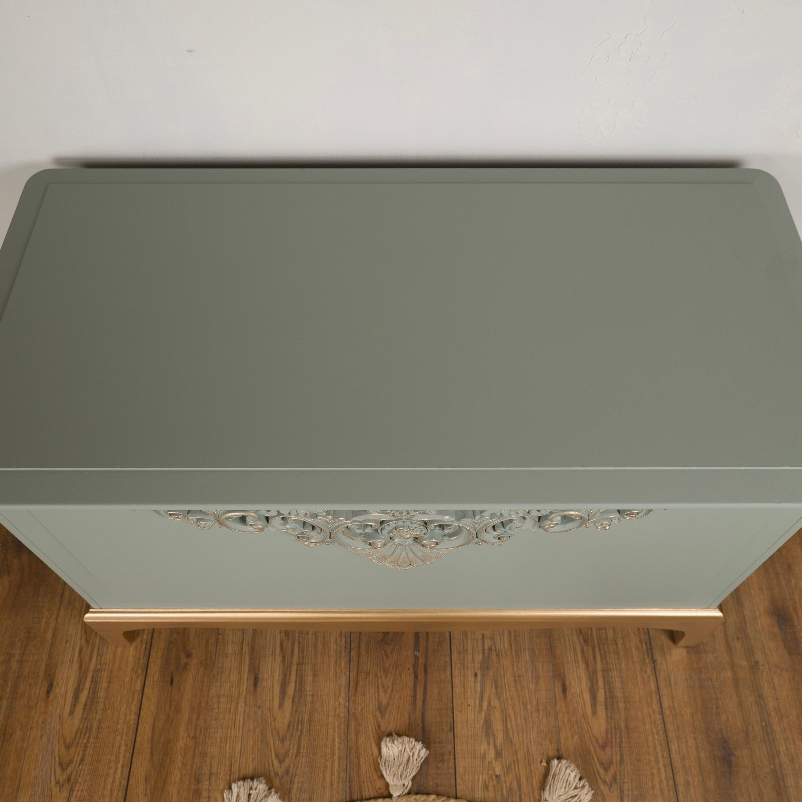 photo furniture Upcycled Stag Minstrel Blanket Box – Green Grey With Large Carving & Pale Gold Accents