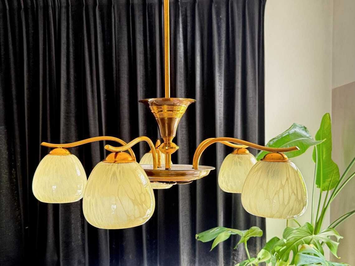 Antiek Vintage Kroonluchter Art Deco Plafondlamp Messing Gemarmerd Glas Mid Century Regency
