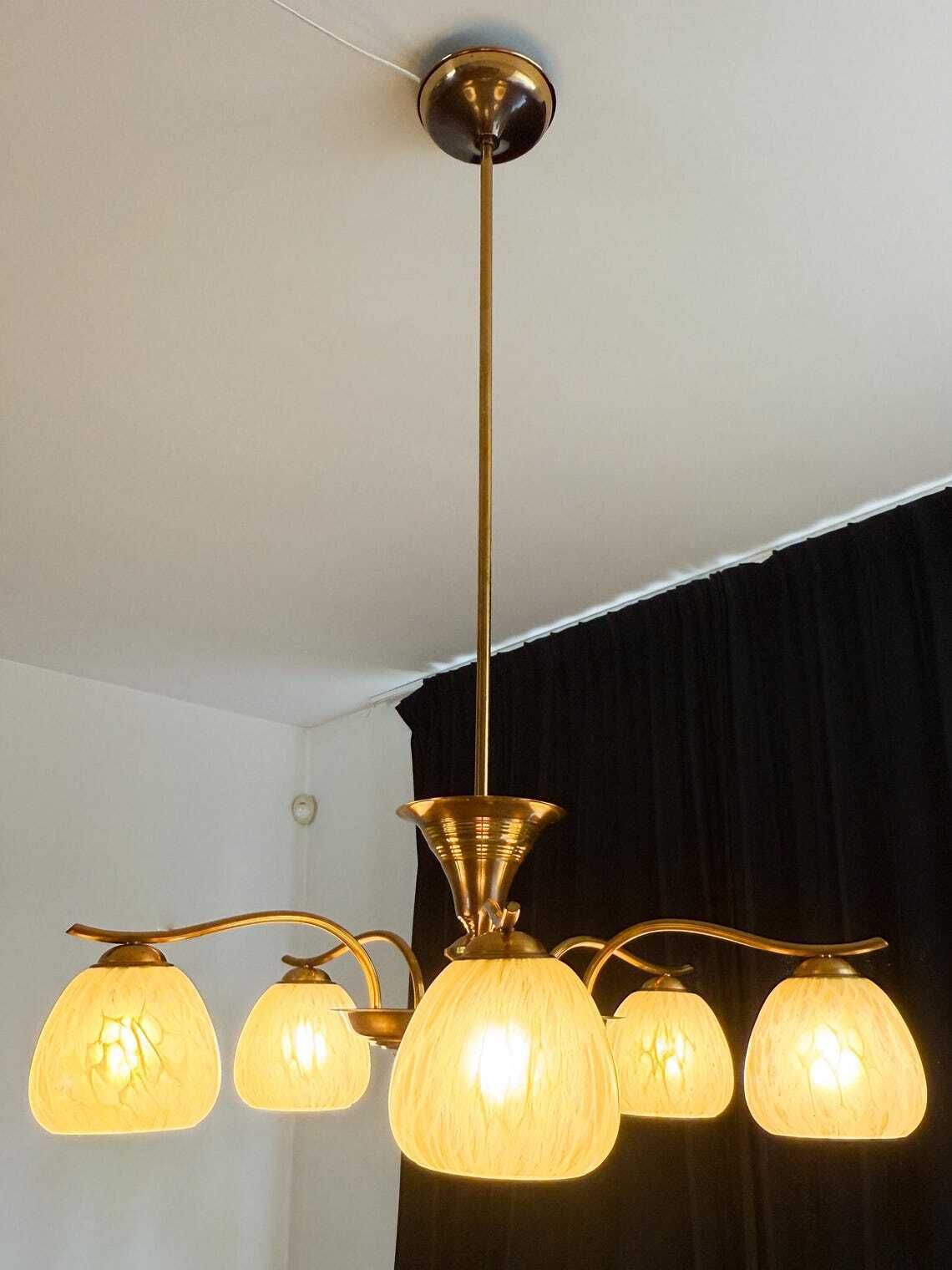 Antiek Vintage Kroonluchter Art Deco Plafondlamp Messing Gemarmerd Glas Mid Century Regency photo for sale