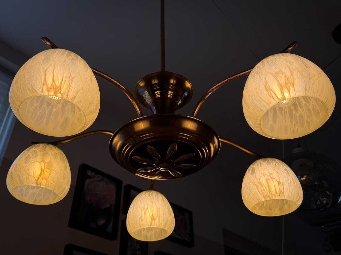 Antiek Vintage Kroonluchter Art Deco Plafondlamp Messing Gemarmerd Glas Mid Century Regency photo vinterior