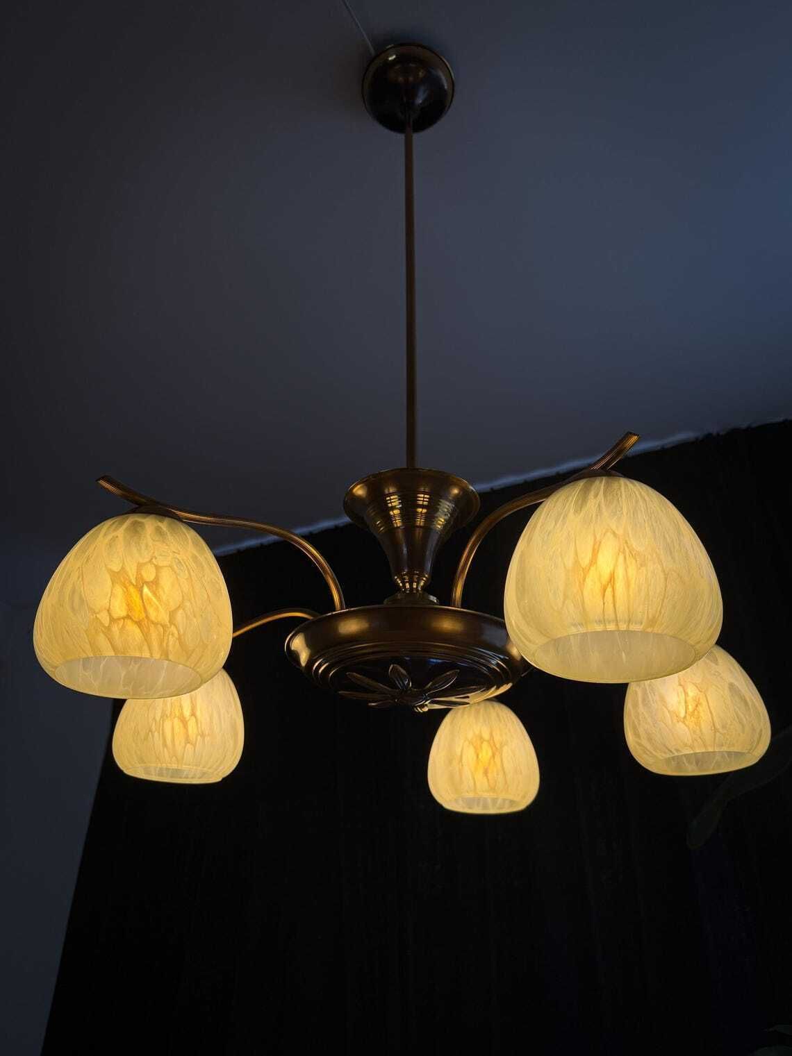 Antiek Vintage Kroonluchter Art Deco Plafondlamp Messing Gemarmerd Glas Mid Century Regency photo vintage