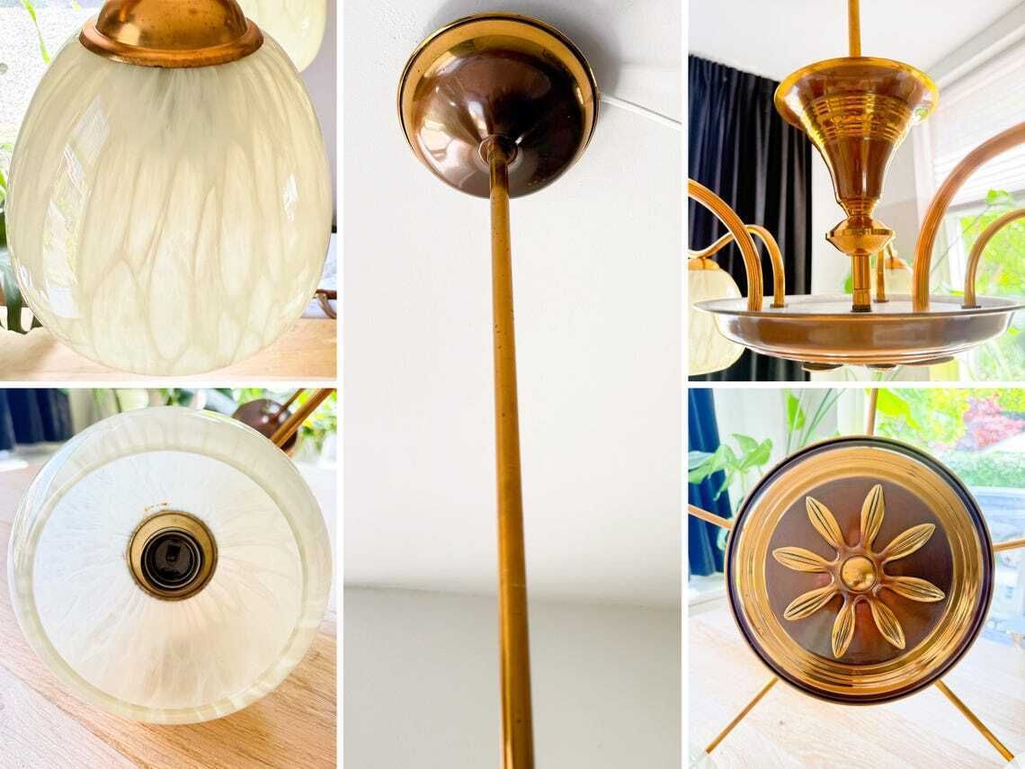 photo furniture Antiek Vintage Kroonluchter Art Deco Plafondlamp Messing Gemarmerd Glas Mid Century Regency