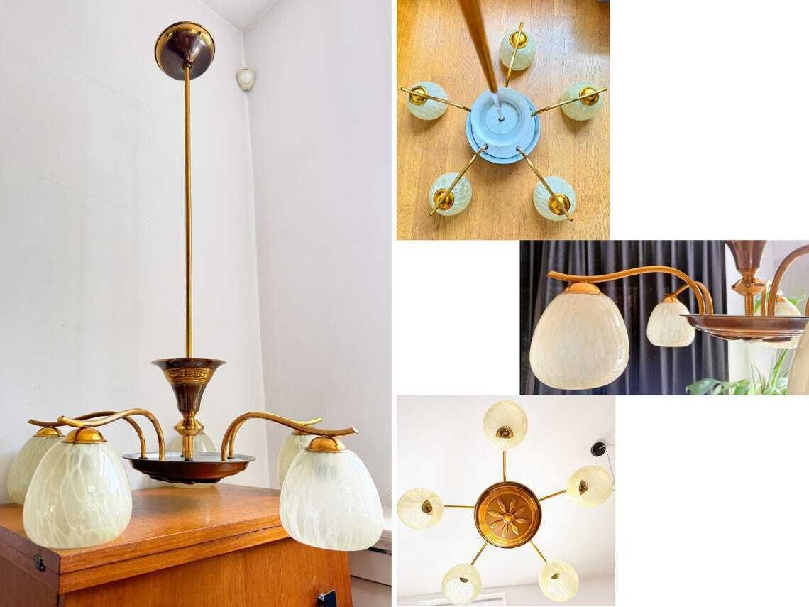 photo for sale Antiek Vintage Kroonluchter Art Deco Plafondlamp Messing Gemarmerd Glas Mid Century Regency