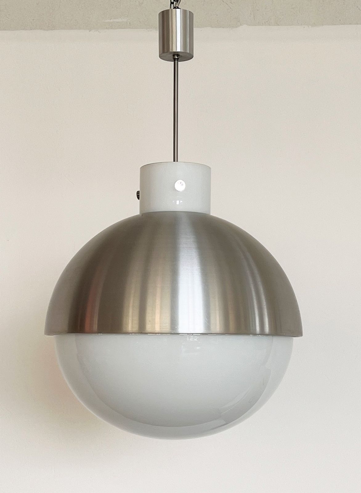 Pair Glashütte Limburg Giant Aluminium And White Glass Globe Chandelier, 1970s photo Lighting