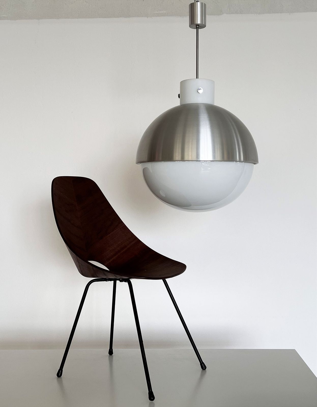Pair Glashütte Limburg Giant Aluminium And White Glass Globe Chandelier, 1970s photo vintage