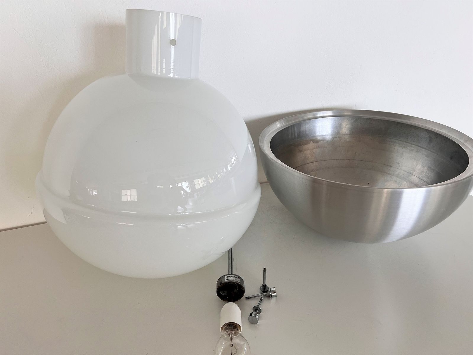 photo vinterior Pair Glashütte Limburg Giant Aluminium And White Glass Globe Chandelier, 1970s