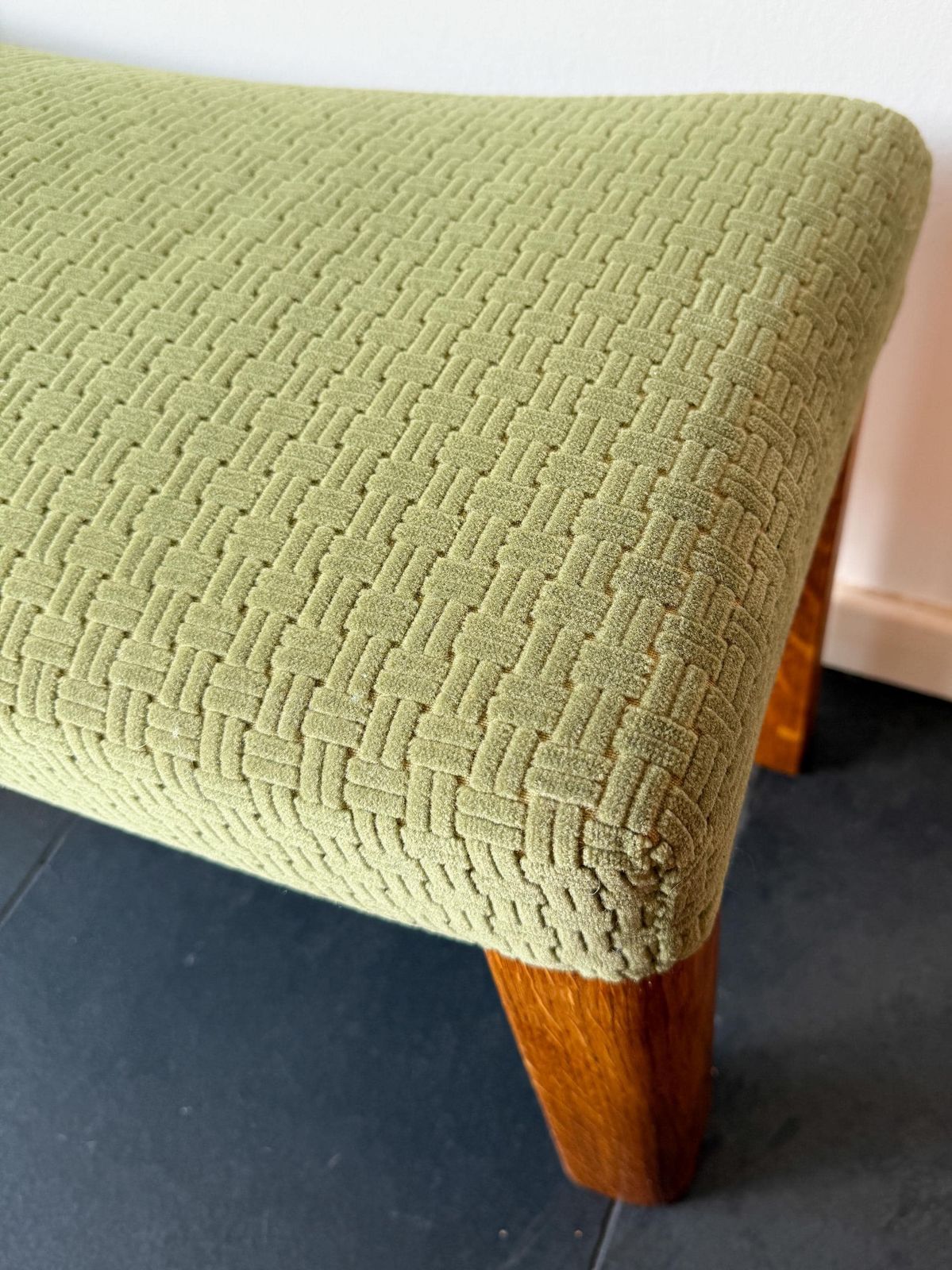 Vintage Mid Century Xl Footstool   Wood, Green Velvet Upholstery   Excellent Condition   1960s/70s   Ottoman photo for sale