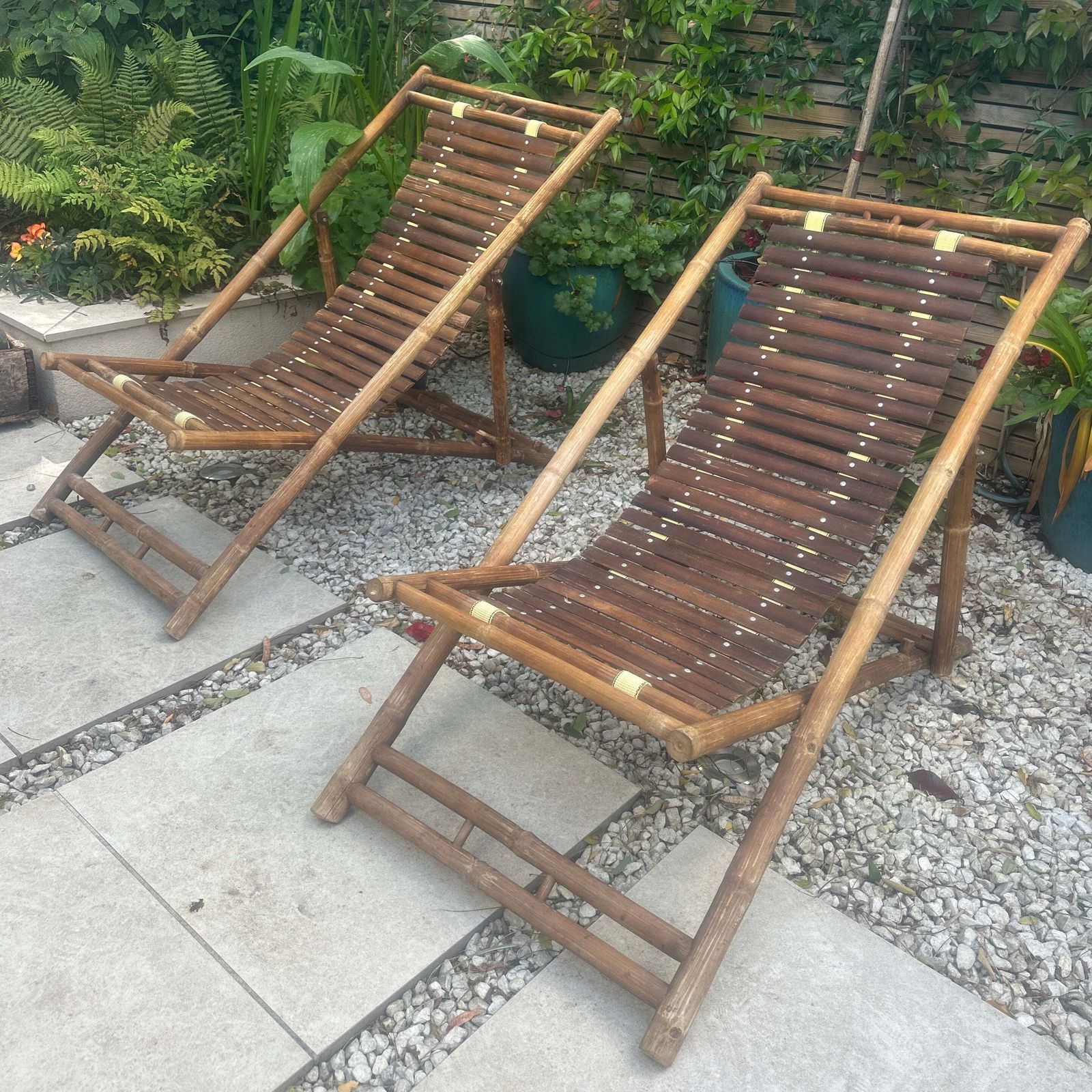 Pair Of 1980s Rustic Italian Bamboo Slatted Deck Chairs Or Sun Loungers photo vintage