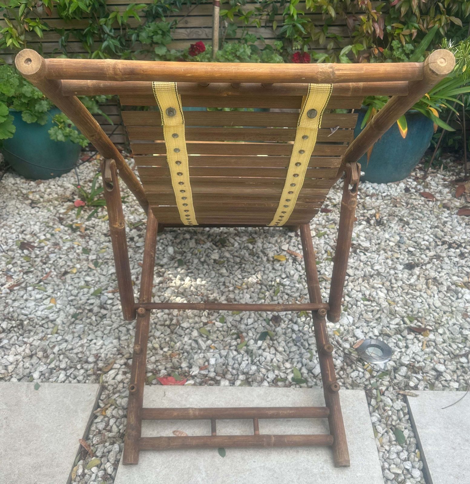 photo vinterior Pair Of 1980s Rustic Italian Bamboo Slatted Deck Chairs Or Sun Loungers