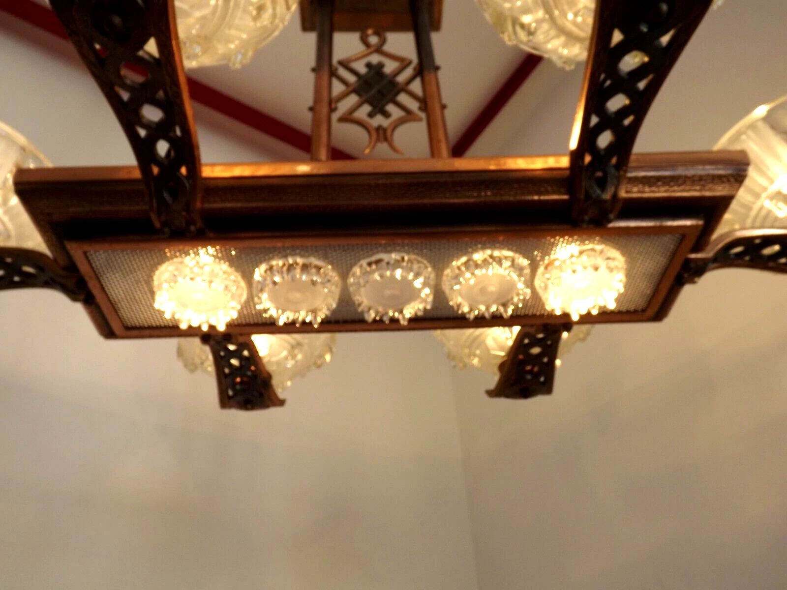 photo buy Lustre Art déco français 6 bras, 10 lumières, de style Petitot Ezan, finition cuivrée