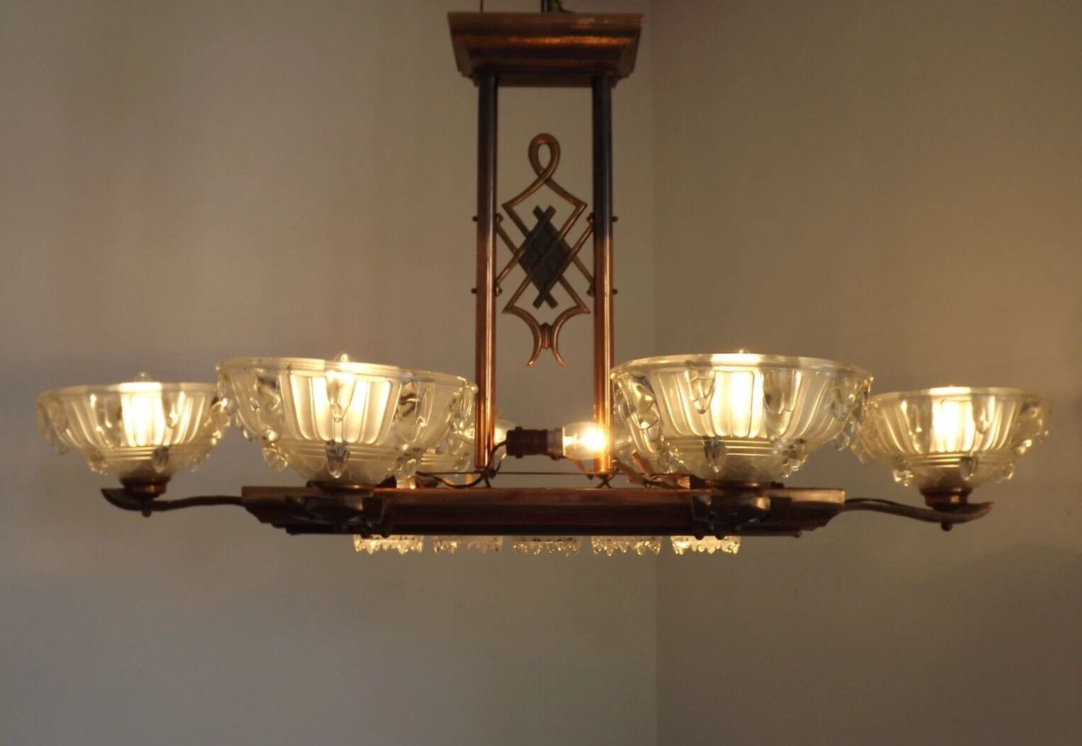 French Art Deco 6 Arm, 10 Light Chandelier In Petitot Ezan Style, Copper Tone Finish photo furniture