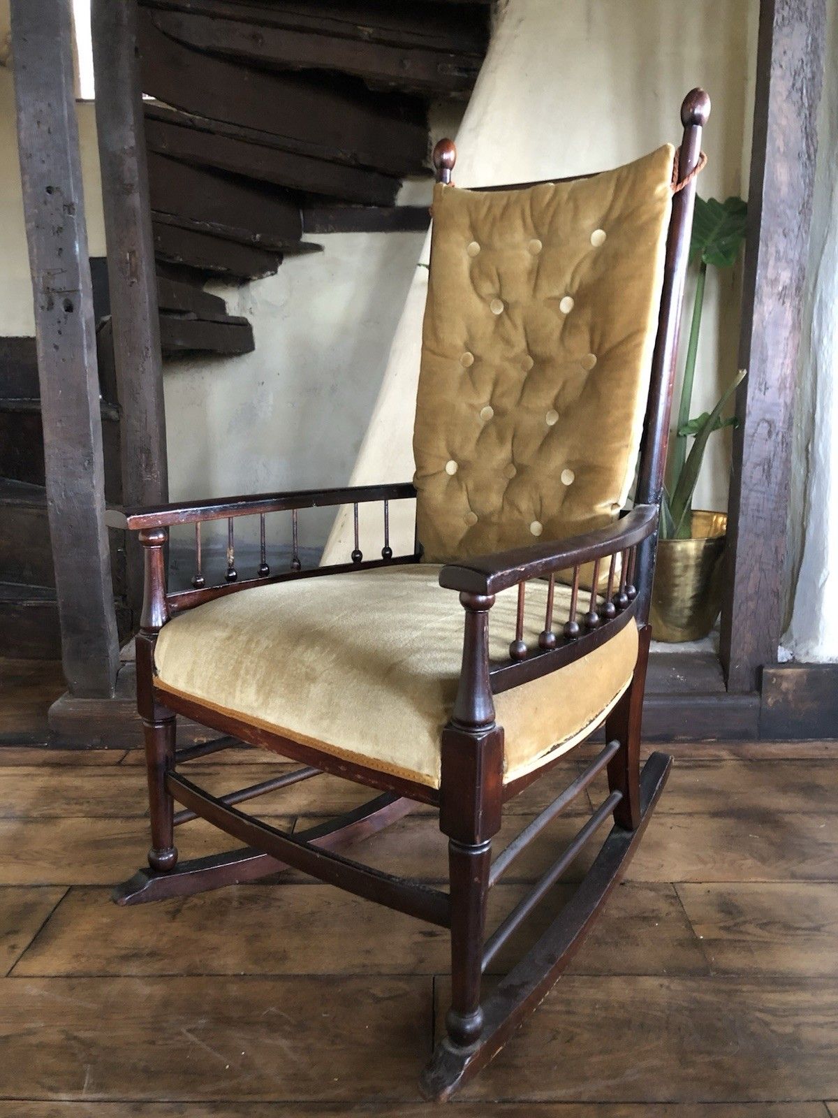 Antique Rich Gold Arts & Crafts Rocking Elbow Armchair Chair By William Birch photo for sale