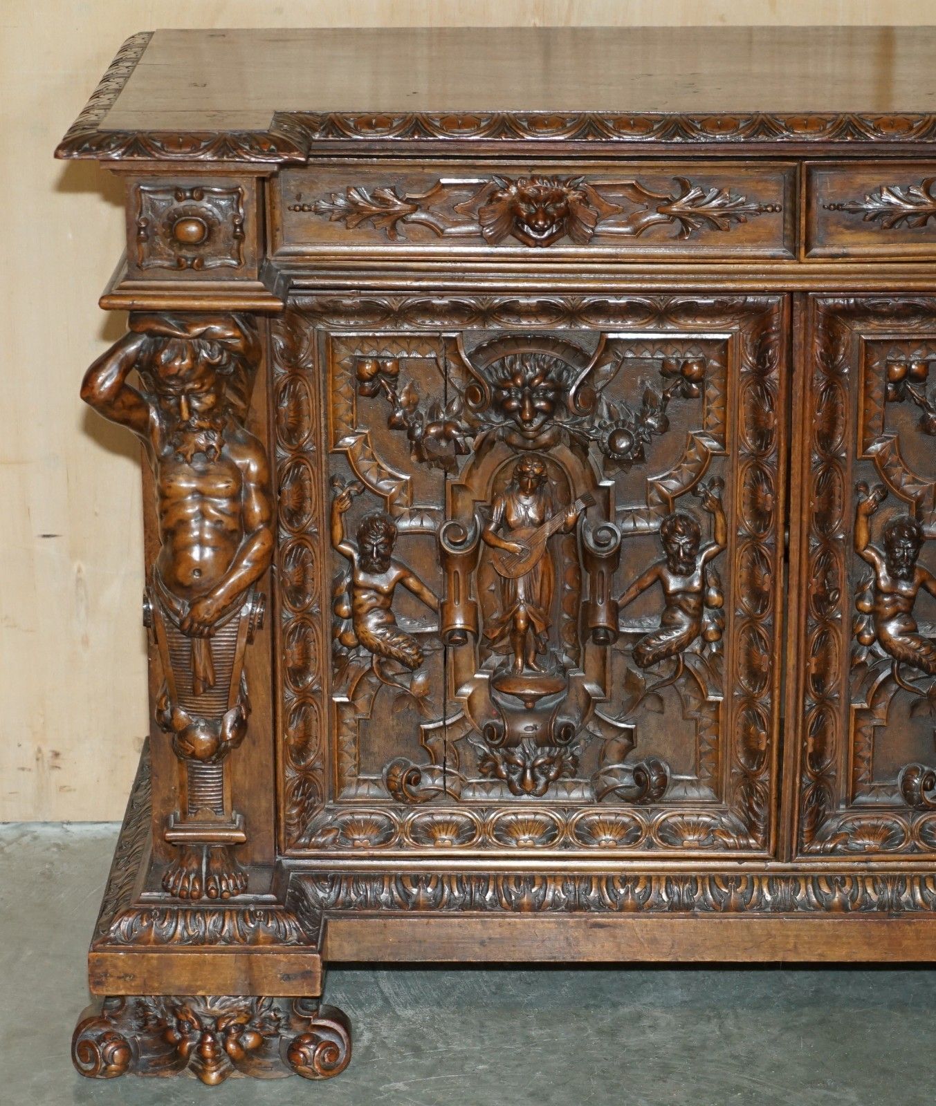 Important Antique Circa 1850 French Walnut Ornately Carved Buffet Sideboard photo for sale