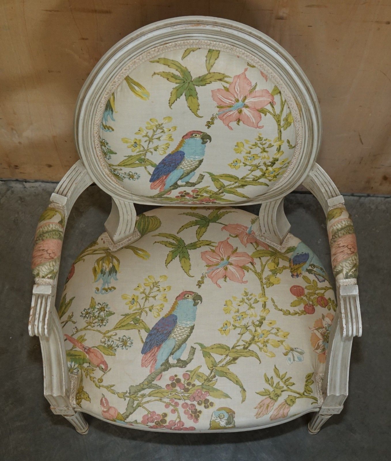 Pair Of Vintage French Louis XVIII Style Fauteuils Armchairs Parrot Upholstery photo 1450.0
