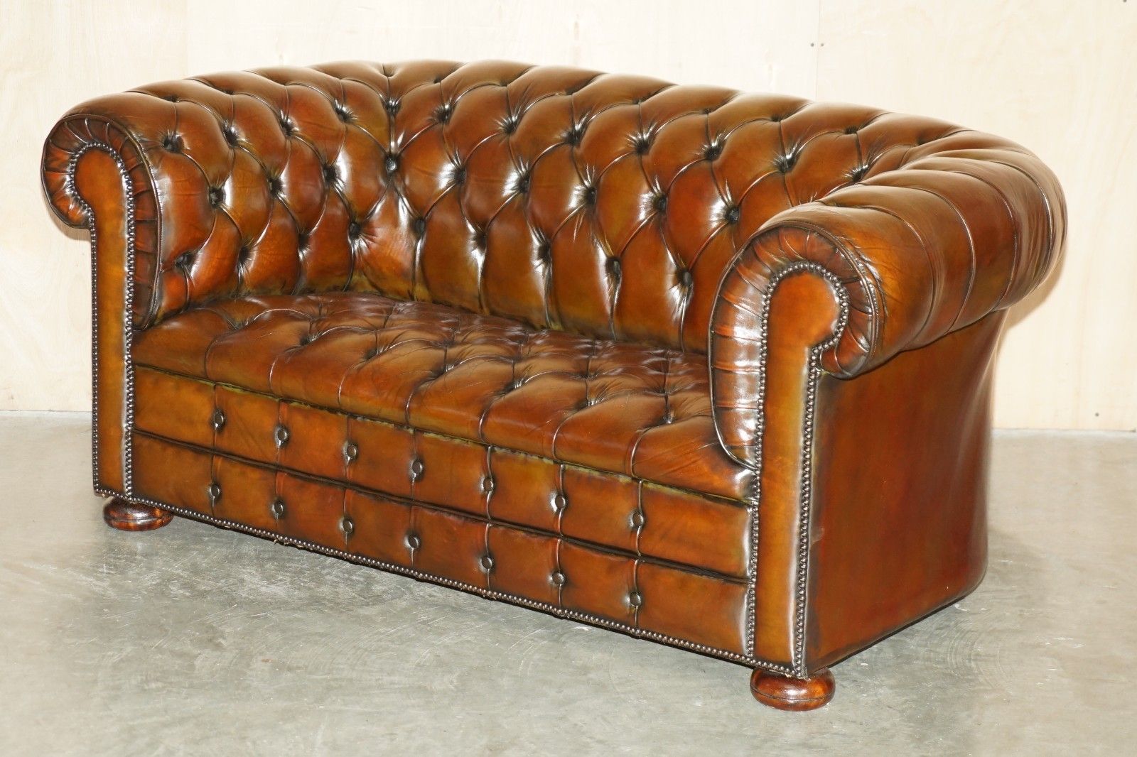 Restored 165cm Wide Chesterfield Fully Tufted Two Seat Brown Leather Club Sofa photo furniture